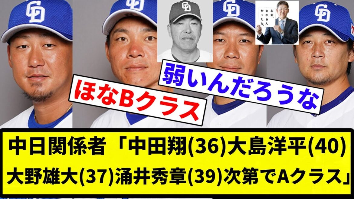 【老人ホームや】中日関係者「躍進の鍵は4人のベテラン。中田翔(36)大島洋平(40)大野雄大(37)涌井秀章(39)次第でAクラス【プロ野球反応集】【2chスレ】【なんG】