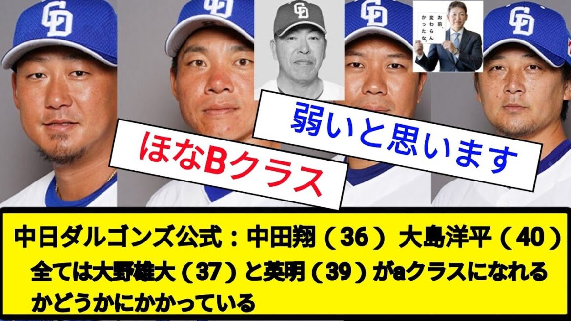 【老人ホームや】中日関係者「躍進の鍵は4人のベテラン。中田翔(36)大島洋平(40)大野雄大(37)涌井秀章(39)次第でAクラス【プロ野球反応集】【2chスレ】【なんG】