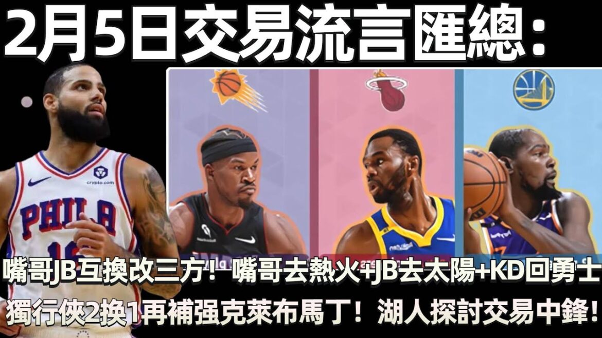 2月5日交易流言匯總：嘴哥+JB互換被叫停改成三方交易！ 嘴哥去熱火+JB去太陽+KD回勇士？ 獨行俠再補强！ 送走格拉姆斯得到克萊布馬丁！ 湖人火箭探討交易中鋒！ 雄鹿追庫茲馬！