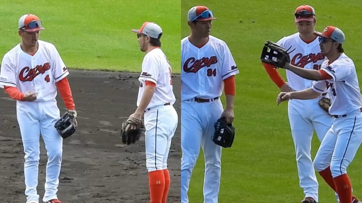 赤忍者菊池涼介が身振り手振りで矢野、佐藤、山足らに英才指導！コザしんきんスタジアム 2025年2月14日