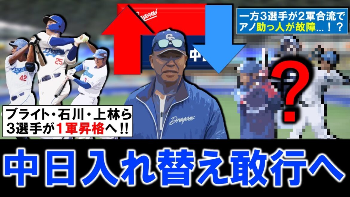 【またまた入れ替え敢行！】中日『ブライト健太』＆『石川 昂弥』＆『上林誠知』ら３選手が待望の１軍昇格へ！しかし一方で３選手が２軍に合流でアノ助っ人の故障が判明...？