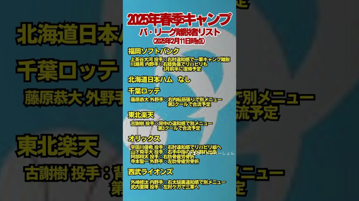 【パリーグ】2025年春季キャンプ故障者リスト #野球 #ドラフト1位 #プロ野球 #上茶谷大河 #山下舜平大 #コンディション不良 #ドラフト3位 #春季キャンプ2025