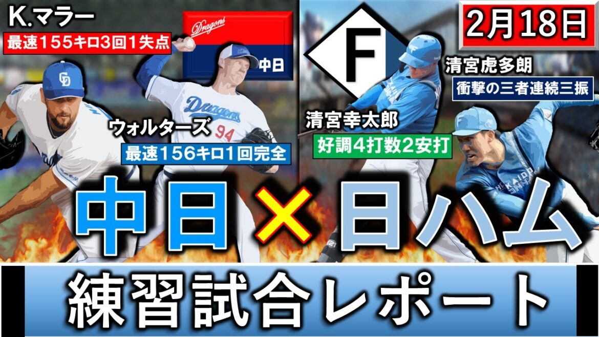 2月18日春季キャンプ「中日×日本ハム」練習試合レポート 中日は新外国人『マラー』が3回1失点&『ウォルターズ』が最速156キロ完全投球!日ハムは『清宮幸太郎』が2安打&『清宮虎多朗』が3者連続三振! 2月18日春季キャンプ「中日×日本ハム」練習試合レポート 中日は新外国人『マラー』が3回1失点&『ウォルターズ』が最速156キロ完全投球!日ハムは『清宮幸太郎』が2安打&『清宮虎多朗』が3者連続三振!