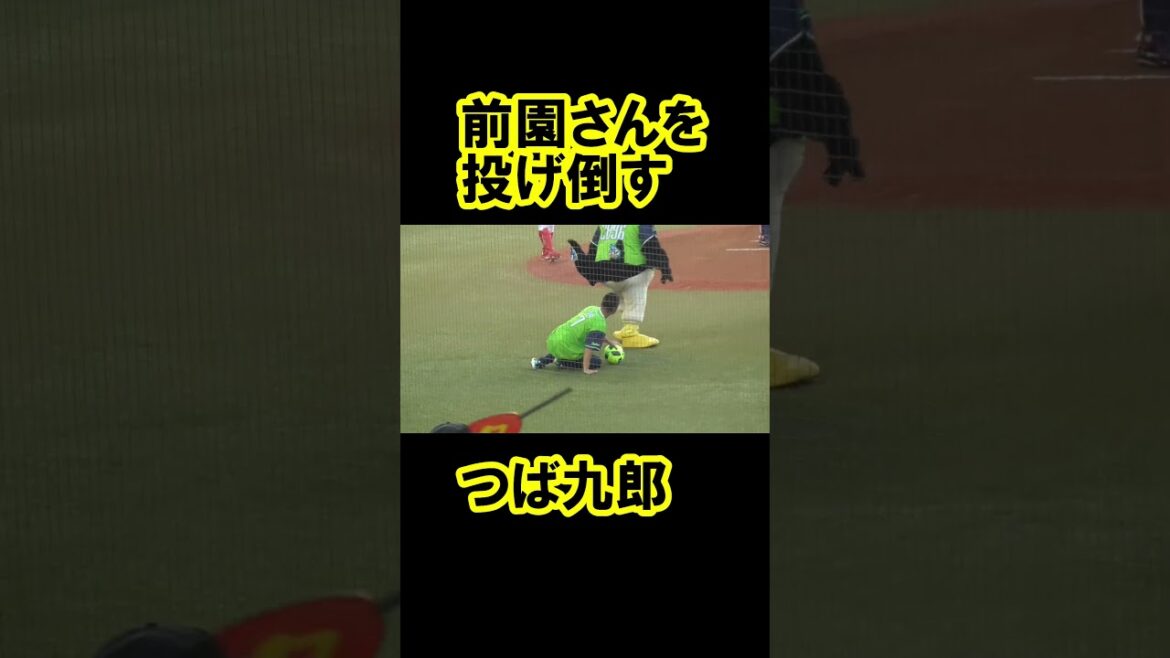 前園さんを投げ倒すつば九郎