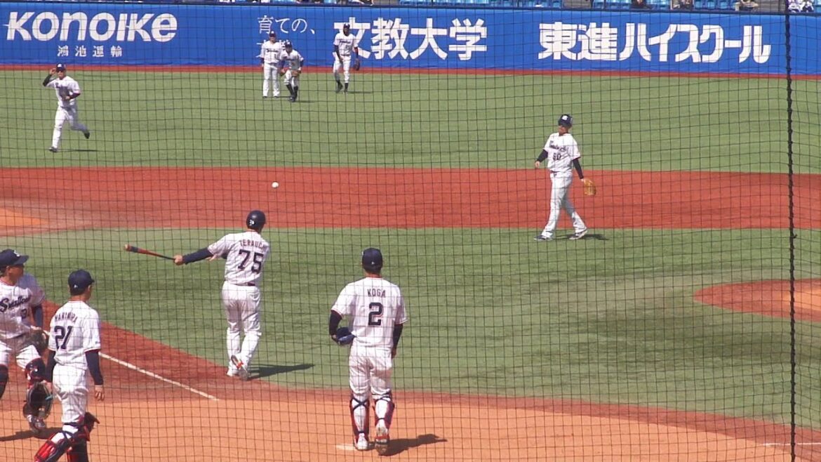 東京ヤクルトスワローズ 内野席バックネット裏から見た外野守備練習の様子　ノックからのバックホーム　オープン戦 ヤクルト vs オリックス　2025年3月14日(金)　神宮球場