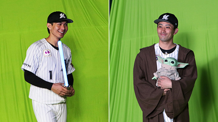 藤原恭大ら千葉ロッテ5選手が“ジェダイ”に! 「STAR WARS NIGHT」キービジュアル撮影の裏側|パ・リーグ.com|プロ野球 千葉ロッテマリーンズ・藤原恭大選手(左)、小島和哉投手(右)【写真:筆者撮影】