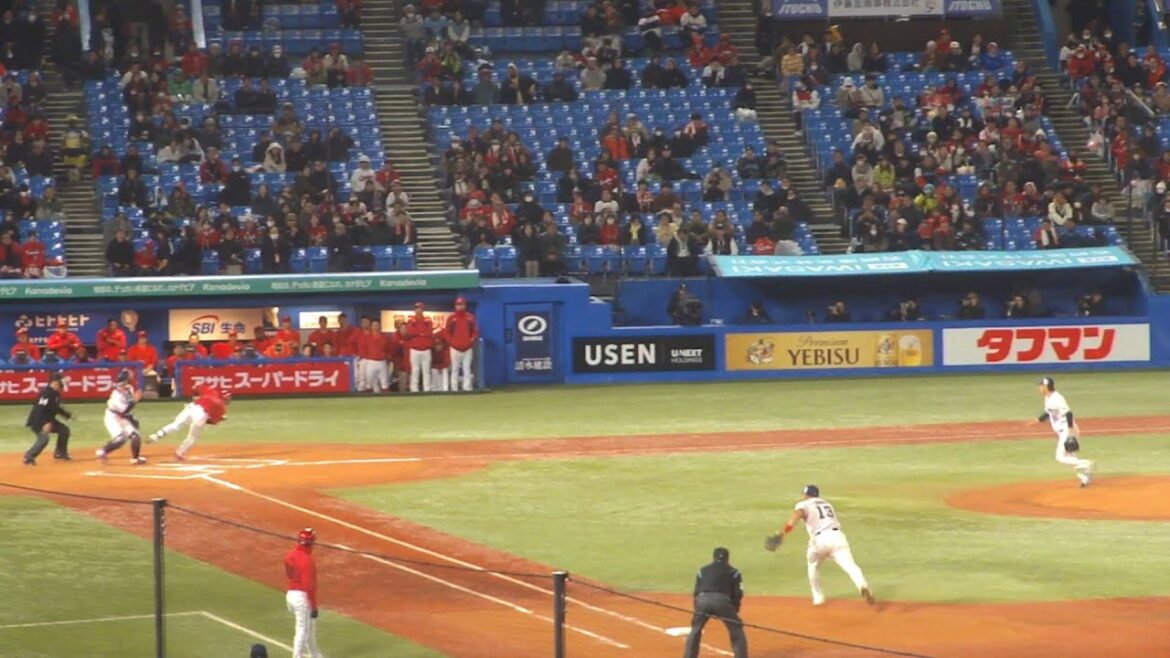 広島 二俣翔一 送りバントのファールが顔面に当たるアクシデントで負傷交代　ヤクルト vs 広島　2025年4月2日(水) 神宮球場