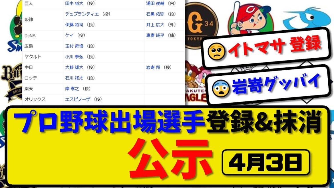 【公示】プロ野球 出場選手登録＆抹消 公示4月3日発表｜浦田&石黒&井上&東妻&岩嵜ら抹消|伊藤 登録【最新・まとめ・反応集・なんJ・2ch】