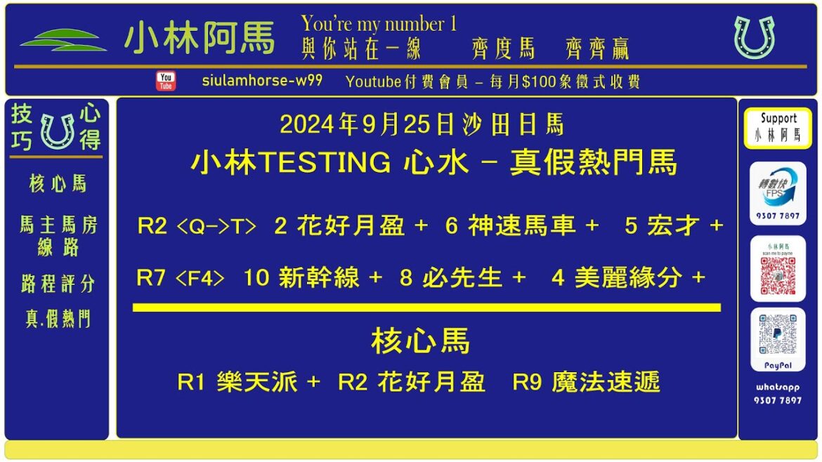 9月25日 小林心水Testing R2, R7 推介，賠率分析