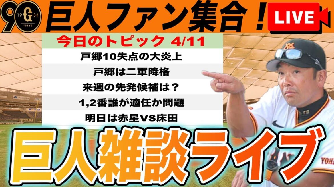 【巨人ファン集合】戸郷10失点大炎上で二軍降格！来週のローテや1,2番には誰が適任かなど雑談　読売ジャイアンツ