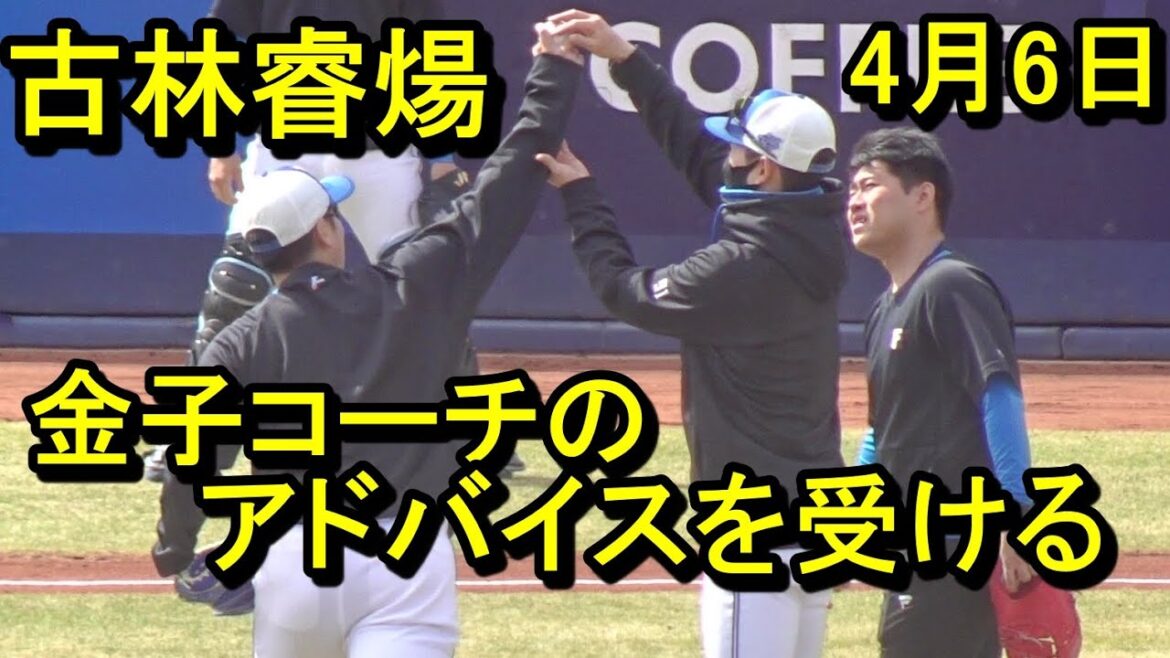 日本ハム 古林睿煬、金子千尋コーチのアドバイスを受ける 孫易磊はブルペンで熱投(鎌ケ谷練習)2025.4.6 日本ハム 古林睿煬、金子千尋コーチのアドバイスを受ける 孫易磊はブルペンで熱投(鎌ケ谷練習)2025.4.6