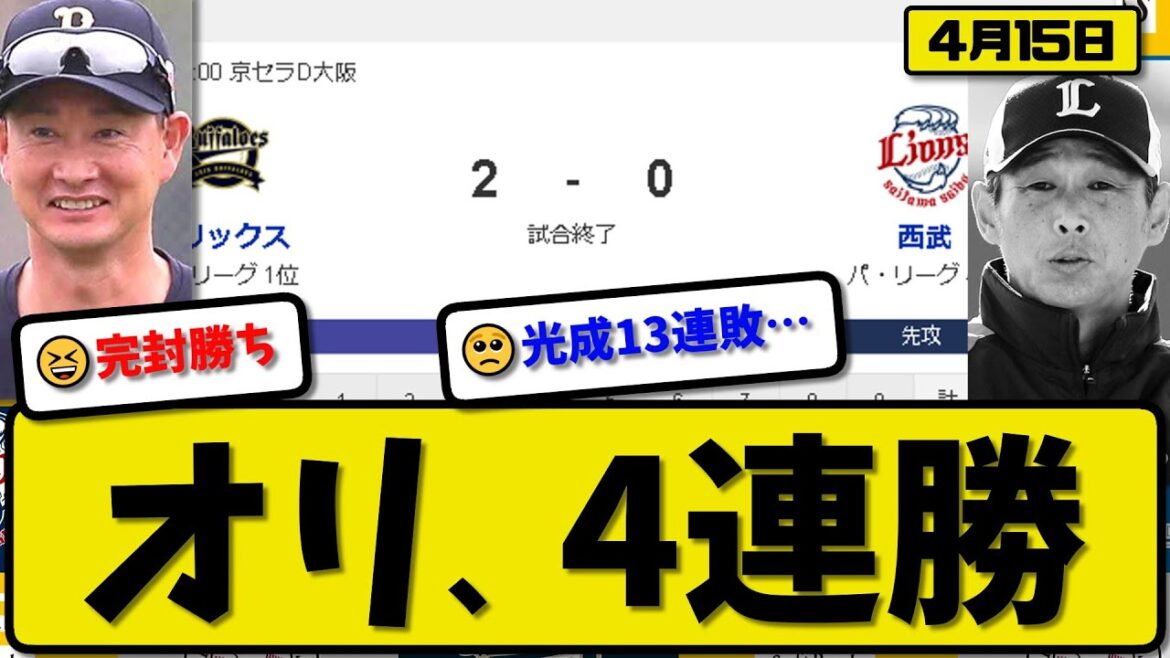【1位vs4位】オリックスバファローズが西武ライオンズに2-0で勝利…4月15日完封勝ちで4連勝…先発高島7回無失点…太田&ディアスが活躍【最新・反応集・なんJ・2ch】プロ野球