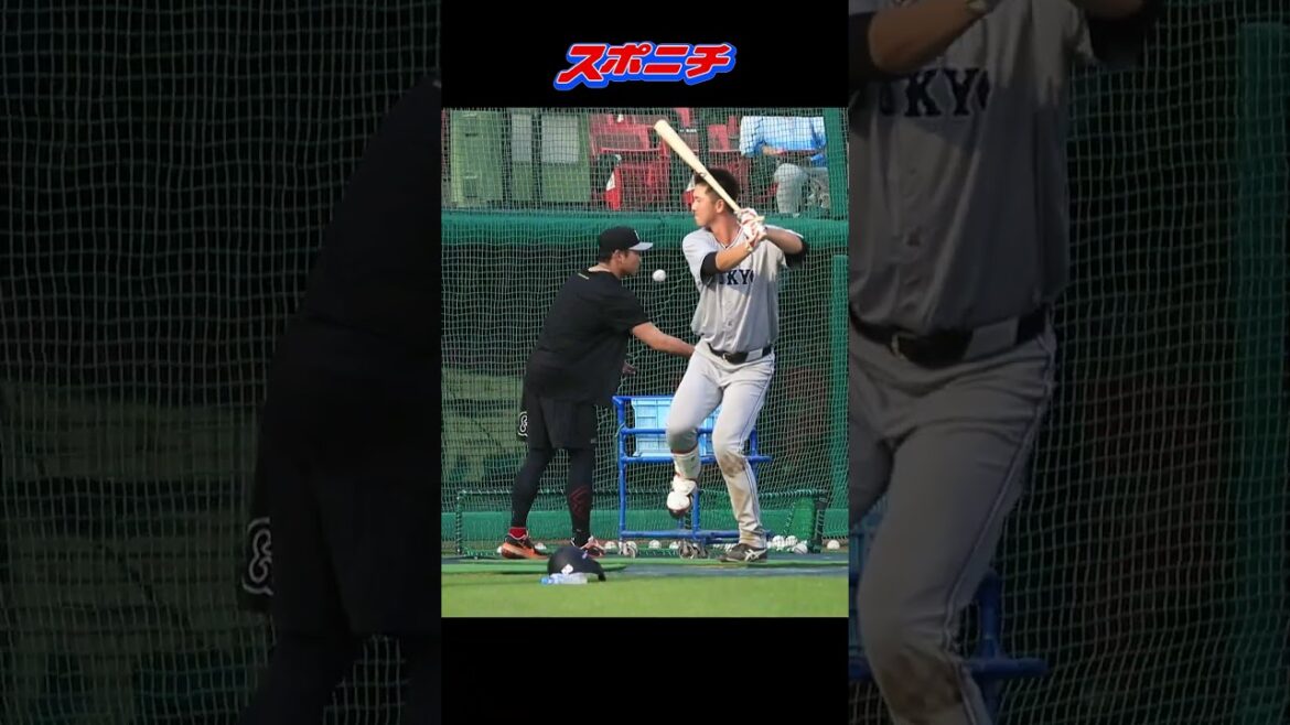巨人・秋広が打撃練習で汗を流す