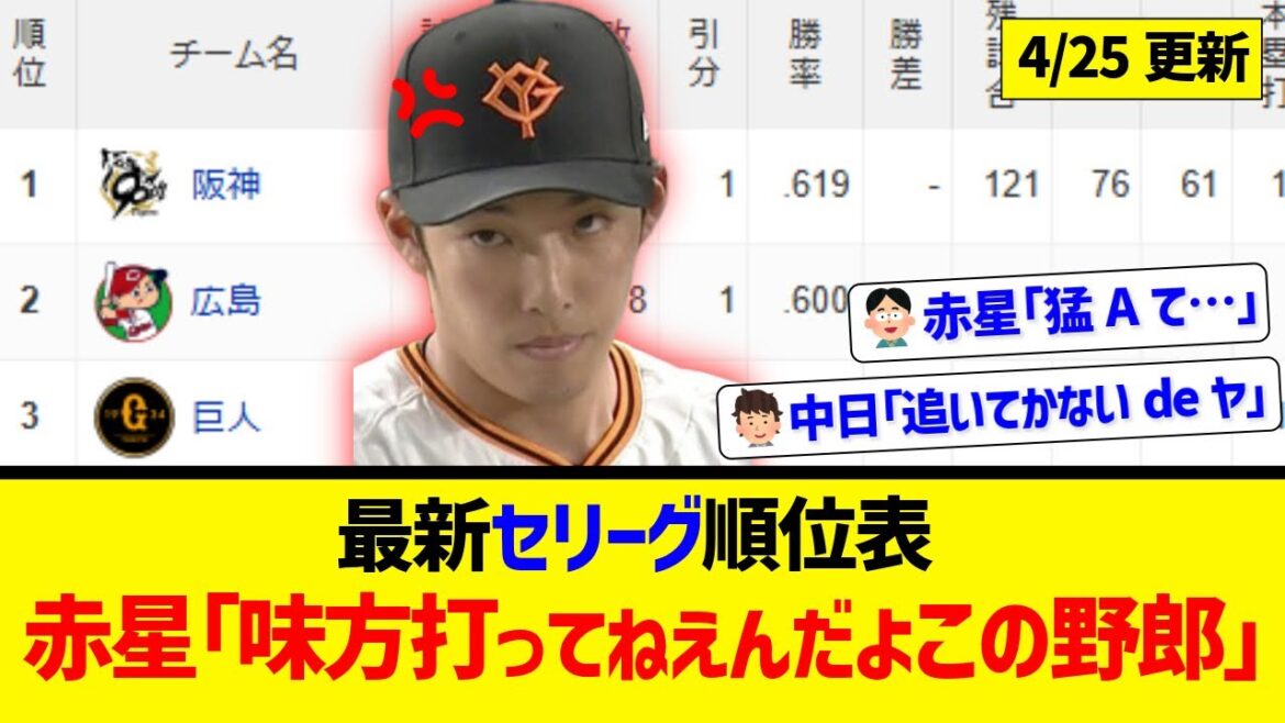 【4月25日】最新セリーグ順位表 ～赤星「味方打ってねえんだよこの野郎」～