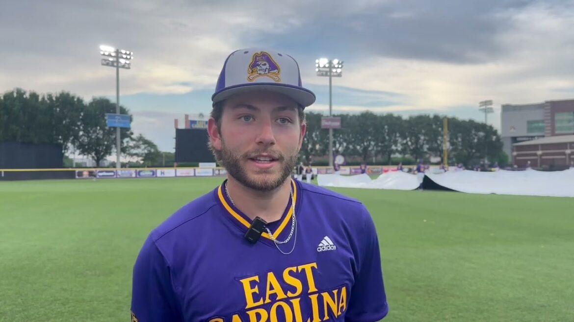ECU Baseball Coach Cliff Godwin, Ethan Norby, and Dixon Williams after a win against Tulane