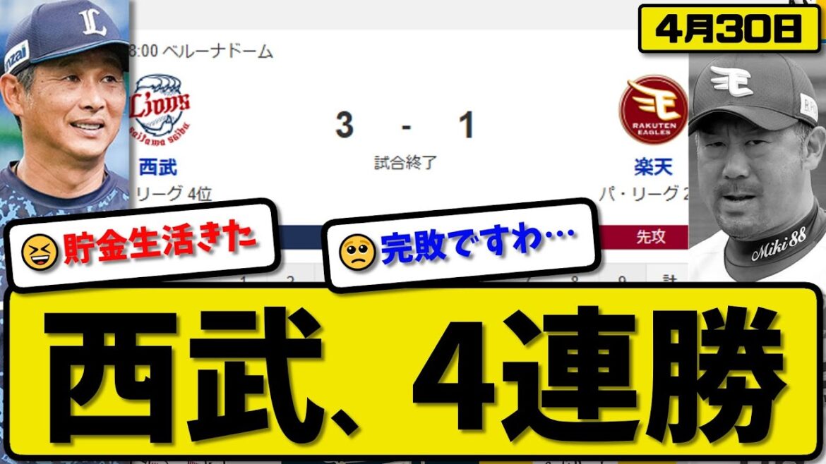 【2位vs4位】西武ライオンズが楽天イーグルスに3-1で勝利…4月30日4連勝…先発菅井5回1失点…渡部&西川が活躍【最新・反応集・なんJ・2ch】プロ野球