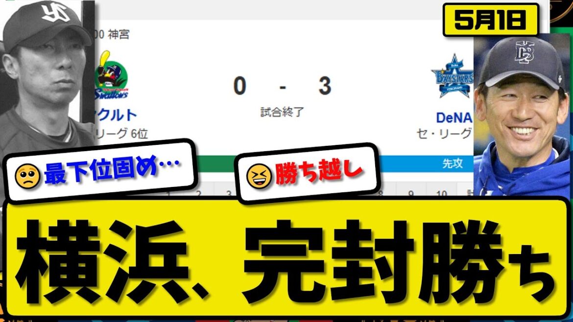 【5位vs6位】DeNAベイスターズがヤクルトスワローズに3-0で勝利…5月1日完封勝ちでカード勝ち越し…先発平良6回無失点…牧が決勝3ランホームランの活躍【最新・反応集・なんJ・2ch】プロ野球