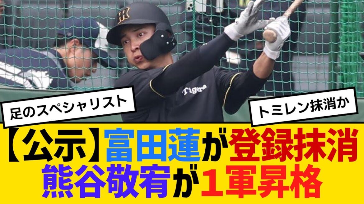 【公示】阪神・富田蓮が登録抹消熊、谷敬宥が１軍昇格　【ネットの反応】【反応集】