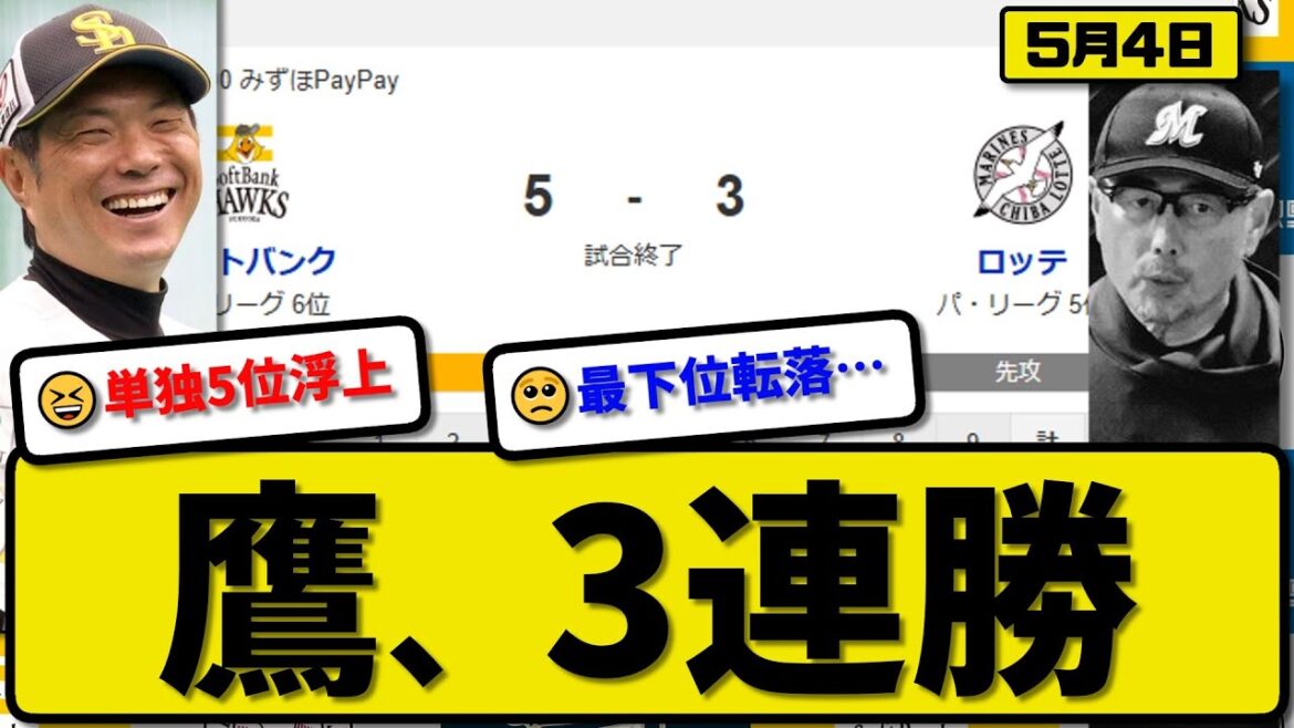 【5位vs6位】ソフトバンクホークスがロッテマリーンズに5-3で勝利…5月4日逆転勝ちで3連勝…先発前田3.2回2失点…緒方&野村&廣瀨&嶺井が活躍【最新・反応集・なんJ・2ch】プロ野球 【5位vs6位】ソフトバンクホークスがロッテマリーンズに5-3で勝利…5月4日逆転勝ちで3連勝…先発前田3.2回2失点…緒方&野村&廣瀨&嶺井が活躍【最新・反応集・なんJ・2ch】プロ野球