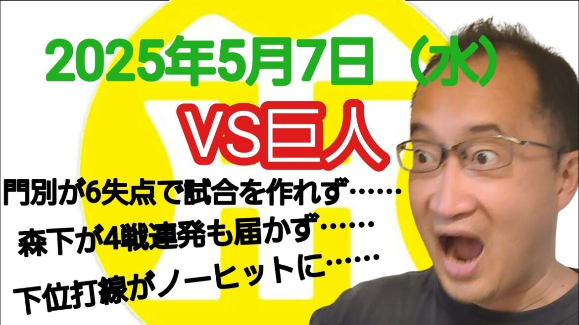 【阪神タイガースについて語る動画】2025年5月7日（水）　○ 巨人 6 × 4 阪神 ●　門別が6失点で試合を作れず……　森下が4戦連発も届かず……　下位打線がノーヒットに……