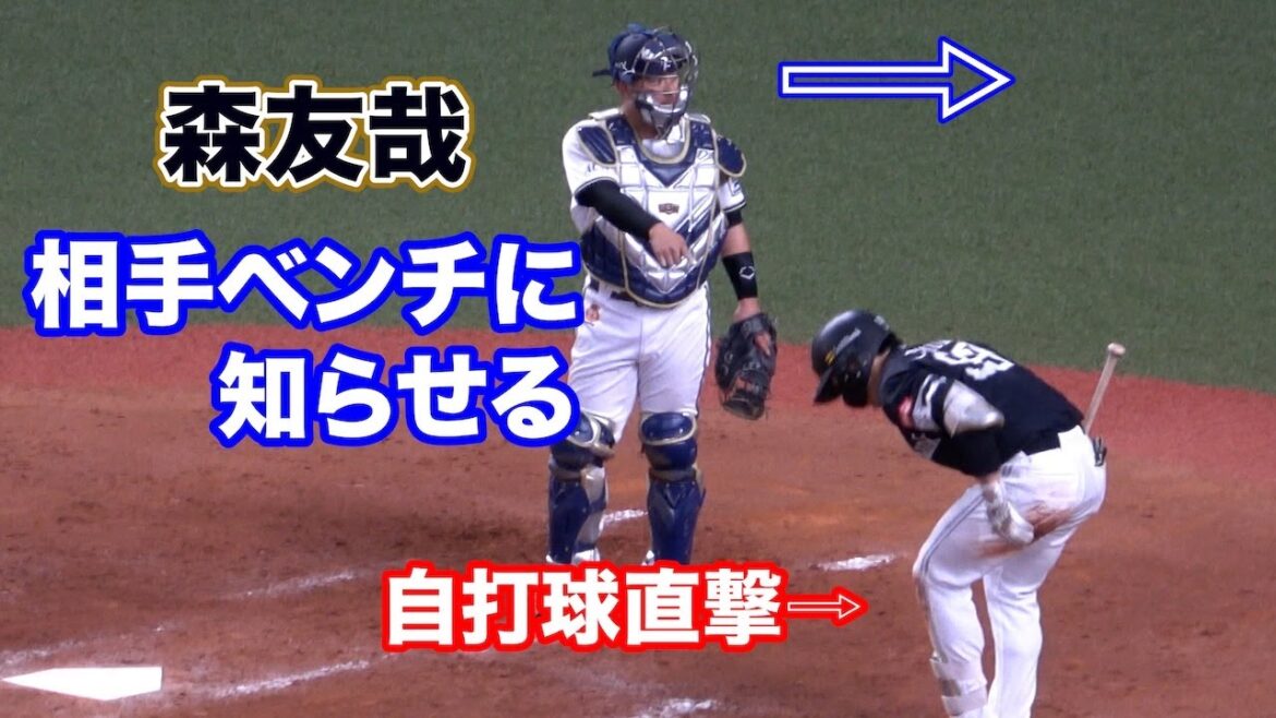 自打球が直撃した野村選手を心配してホークスベンチに知らせる森友哉