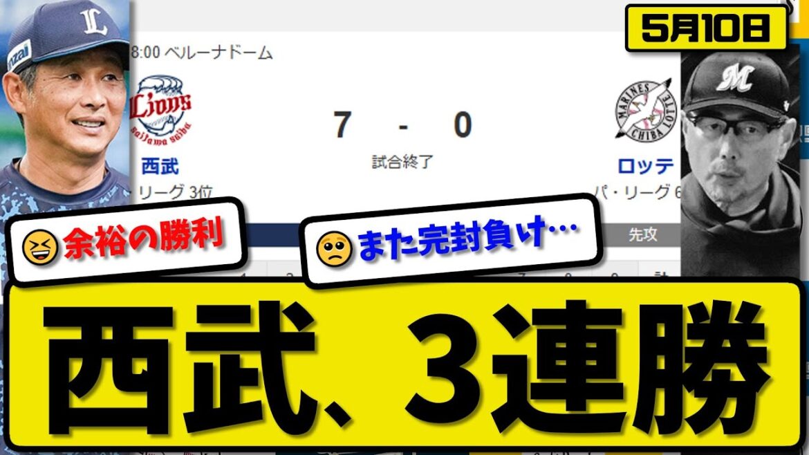 【3位vs6位】西武ライオンズがロッテマリーンズに7-0で勝利…5月10日完封勝ちで3連勝…先発今井7回無失点…ネビン&古賀&滝澤が活躍【最新・反応集・なんJ・2ch】プロ野球 【3位vs6位】西武ライオンズがロッテマリーンズに7-0で勝利…5月10日完封勝ちで3連勝…先発今井7回無失点…ネビン&古賀&滝澤が活躍【最新・反応集・なんJ・2ch】プロ野球