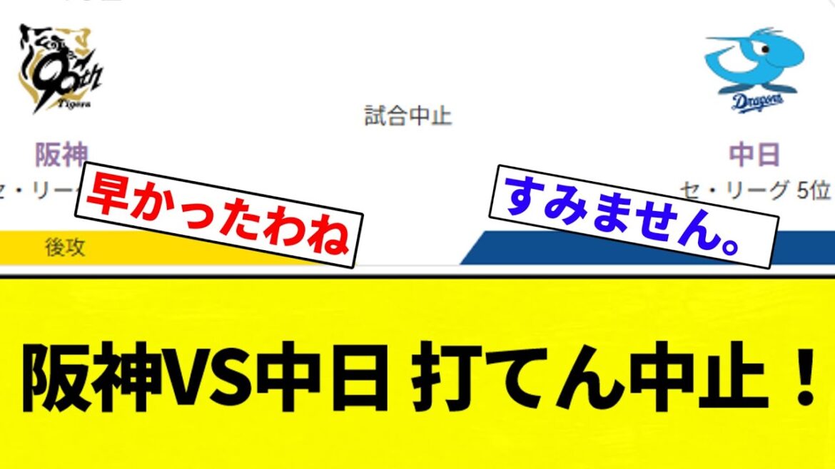 【中止や！！】阪神VS中日 打てん中止！【プロ野球反応集】【2chスレ】【なんG】