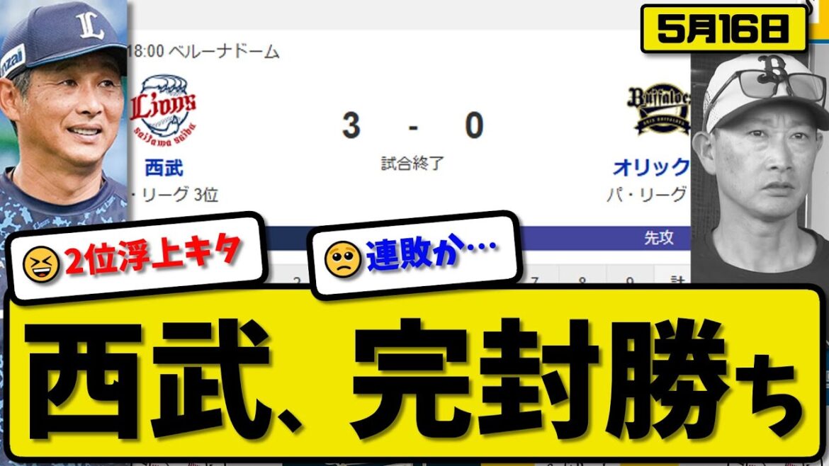 【2位vs3位】西武ライオンズがオリックスバファローズに3-0で勝利…5月16日完封勝ち…先発渡邉7回無失点…ネビン&西川が活躍【最新・反応集・なんJ・2ch】プロ野球