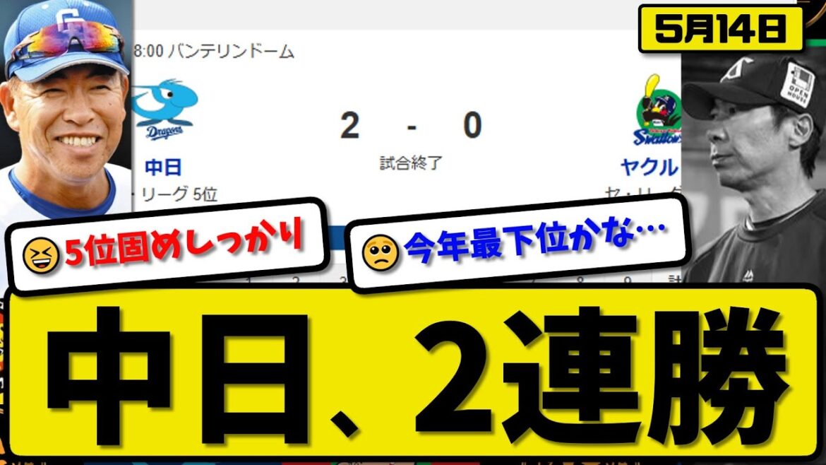 【5位vs6位】中日ドラゴンズがヤクルトスワローズに2-0で勝利…5月14日完封勝ちで2連勝…先発涌井6回無失点…上林&ブライトが活躍【最新・反応集・なんJ・2ch】プロ野球