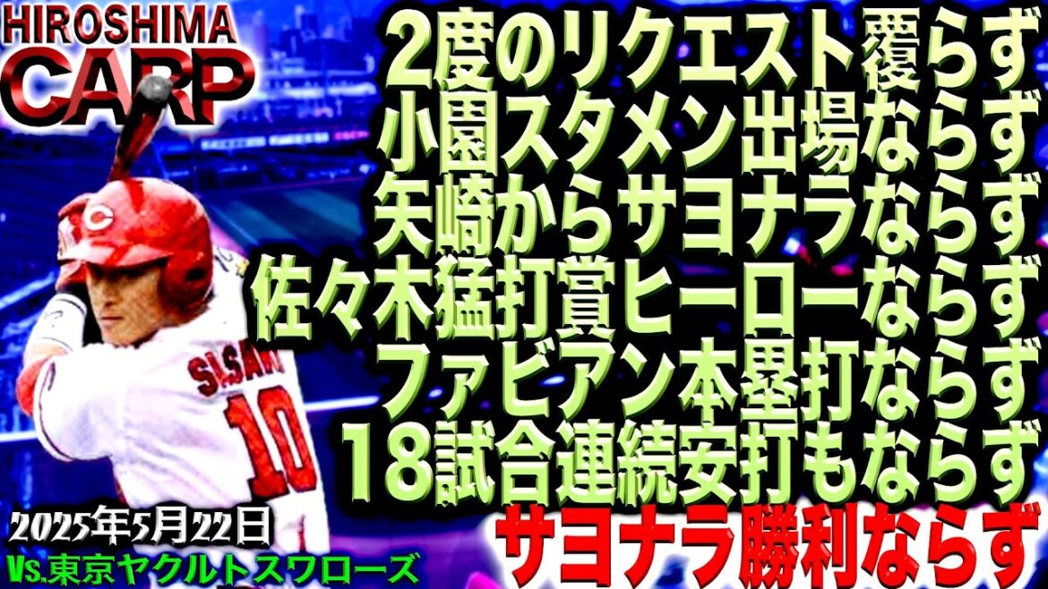 上本さん出場ならず!!!【広島カープ】vs東京ヤクルトスワローズ!!!胃もたれ睡眠不足な試合。負けなくてよかった(2025/5/22)