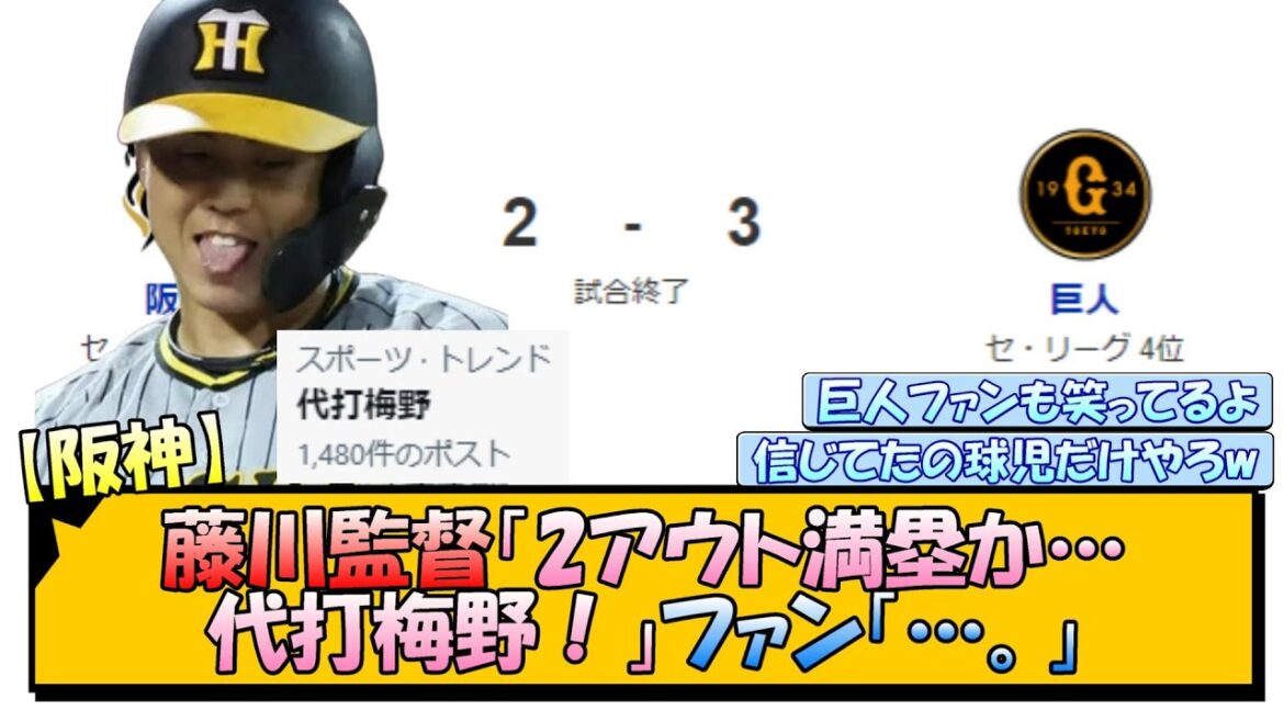 【阪神】藤川監督「2アウト満塁か…代打梅野!」ファン「…。」 【阪神】藤川監督「2アウト満塁か…代打梅野!」ファン「…。」