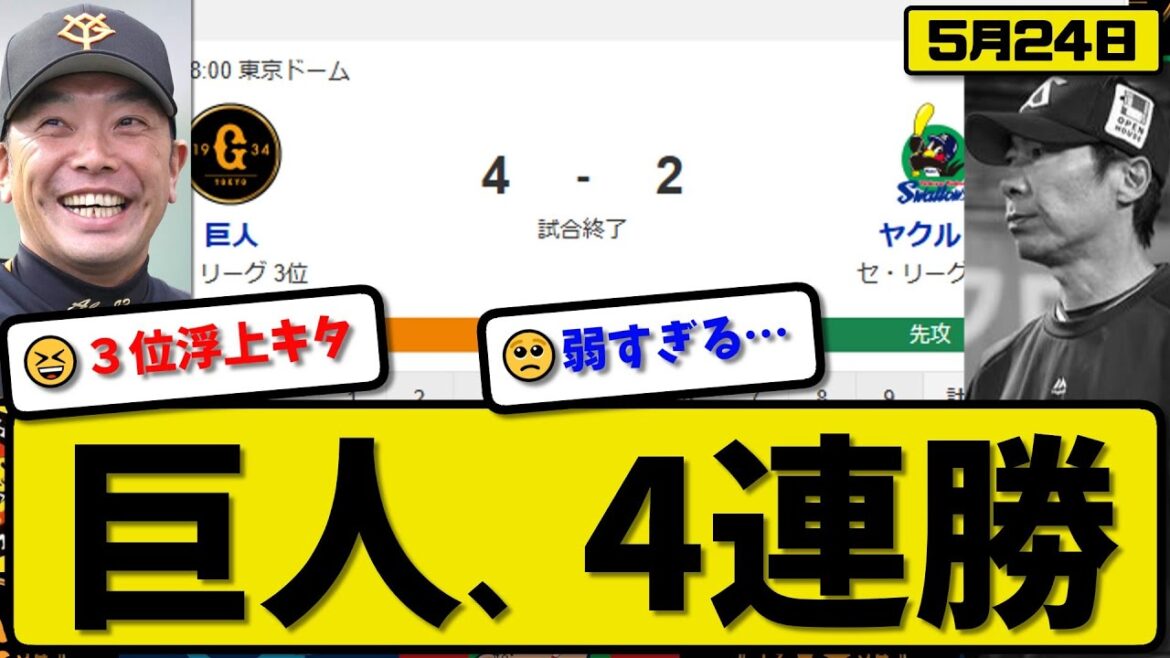 【4位vs6位】読売ジャイアンツがヤクルトスワローズに4-2で勝利…5月24日4連勝…先発グリフィン6回無失点…泉口&西川&吉川が活躍【最新・反応集・なんJ・2ch】プロ野球