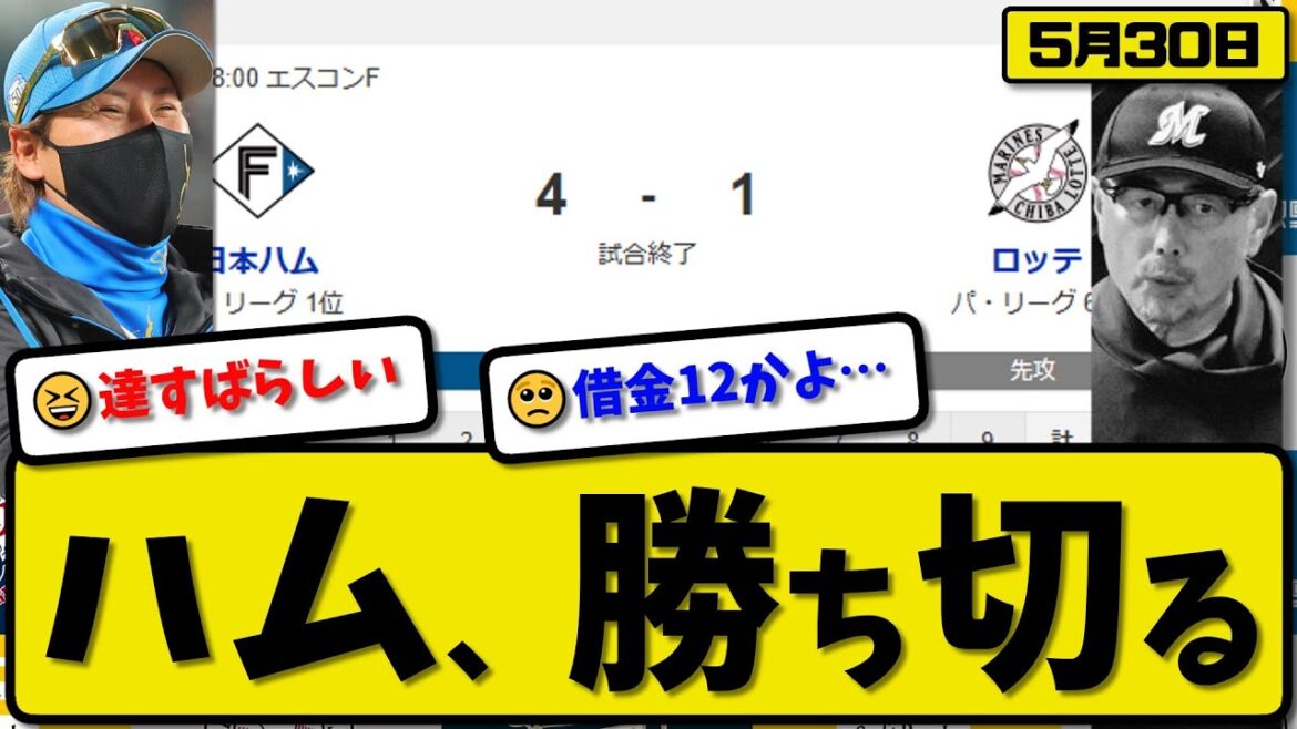 【1位vs6位】日本ハムファイターズがロッテマリーンズに4-1で勝利…5月30日勝ち切る…先発達6.2回無失点…レイエス&清宮&万波&赤羽が活躍【最新・反応集・なんJ・2ch】プロ野球