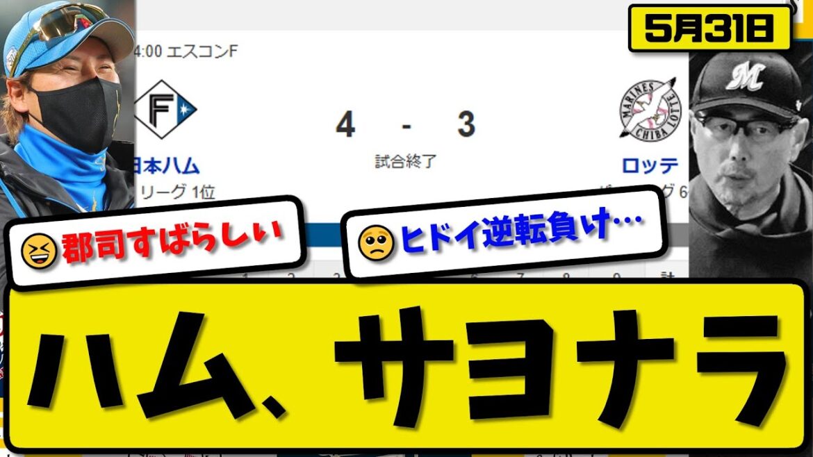 【1位vs6位】日本ハムファイターズがロッテマリーンズに4-3で勝利…5月31日サヨナラで逆転勝ち2連勝…先発山崎6回3失点…矢澤&郡司がサヨナラタイムリーの活躍【最新・反応集・なんJ】プロ野球 【1位vs6位】日本ハムファイターズがロッテマリーンズに4-3で勝利…5月31日サヨナラで逆転勝ち2連勝…先発山崎6回3失点…矢澤&郡司がサヨナラタイムリーの活躍【最新・反応集・なんJ】プロ野球