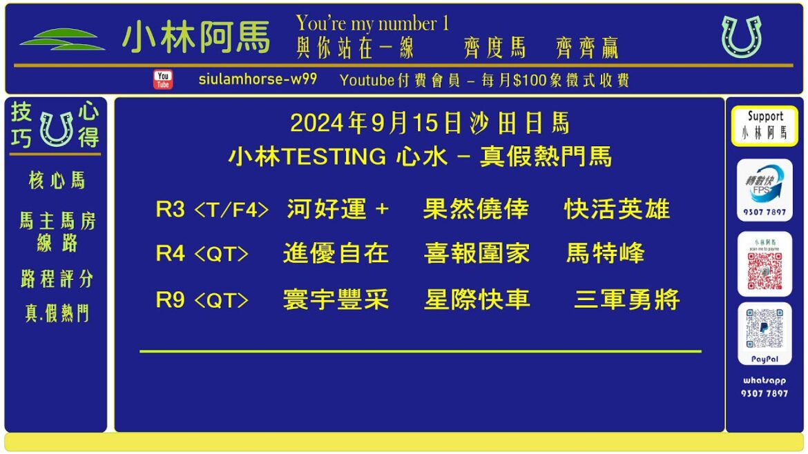 9月15日賽日提供 - 小林TESTING R3、4、9場、賠率分析