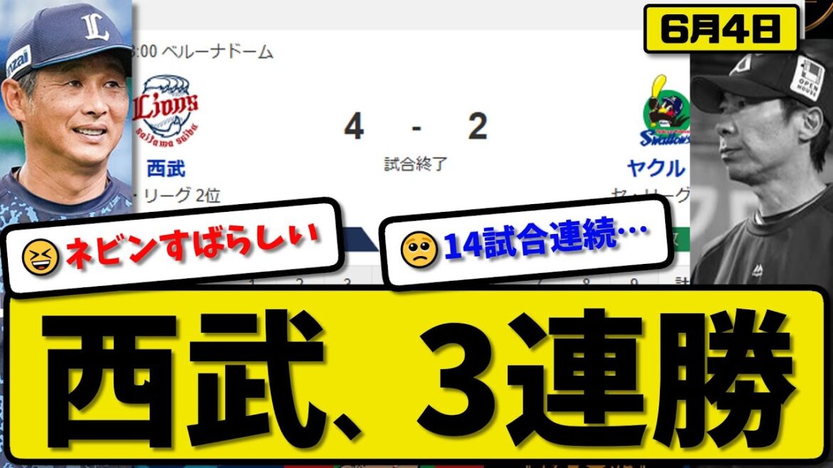 【セ6位vsパ2位】西武ライオンズがヤクルトスワローズに4-2で勝利…6月4日3連勝…先発渡邉7回1失点…ネビン&外崎が活躍【最新・反応集・なんJ・2ch】プロ野球 【セ6位vsパ2位】西武ライオンズがヤクルトスワローズに4-2で勝利…6月4日3連勝…先発渡邉7回1失点…ネビン&外崎が活躍【最新・反応集・なんJ・2ch】プロ野球