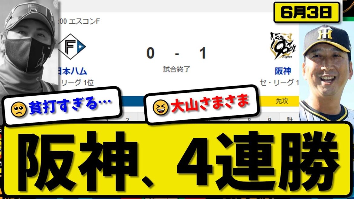 【セ1位vsパ1位】阪神タイガースが日本ハムファイターズに1-0で勝利…6月3日完封勝ちで4連勝…先発才木8回無失点…大山が決勝ホームランの活躍【最新・反応集・なんJ・2ch】プロ野球 【セ1位vsパ1位】阪神タイガースが日本ハムファイターズに1-0で勝利…6月3日完封勝ちで4連勝…先発才木8回無失点…大山が決勝ホームランの活躍【最新・反応集・なんJ・2ch】プロ野球