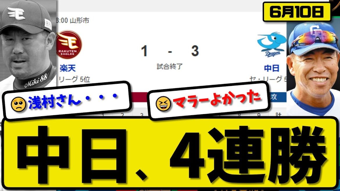 【セ5位vsパ5位】中日ドラゴンズが楽天イーグルスに3-1で勝利…6月10日逆転勝ちで4連勝…先発マラー6.1回1失点…岡林が活躍【最新・反応集・なんJ・2ch】プロ野球