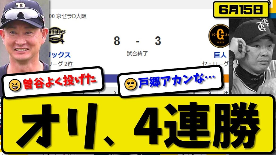 【セ4位vsパ2位】オリックスバファローズが読売ジャイアンツに8-3で勝利…6月15日4連勝…先発曽谷7回3失点…【最新・反応集・なんJ・2ch】プロ野球 【セ4位vsパ2位】オリックスバファローズが読売ジャイアンツに8-3で勝利…6月15日4連勝…先発曽谷7回3失点…【最新・反応集・なんJ・2ch】プロ野球