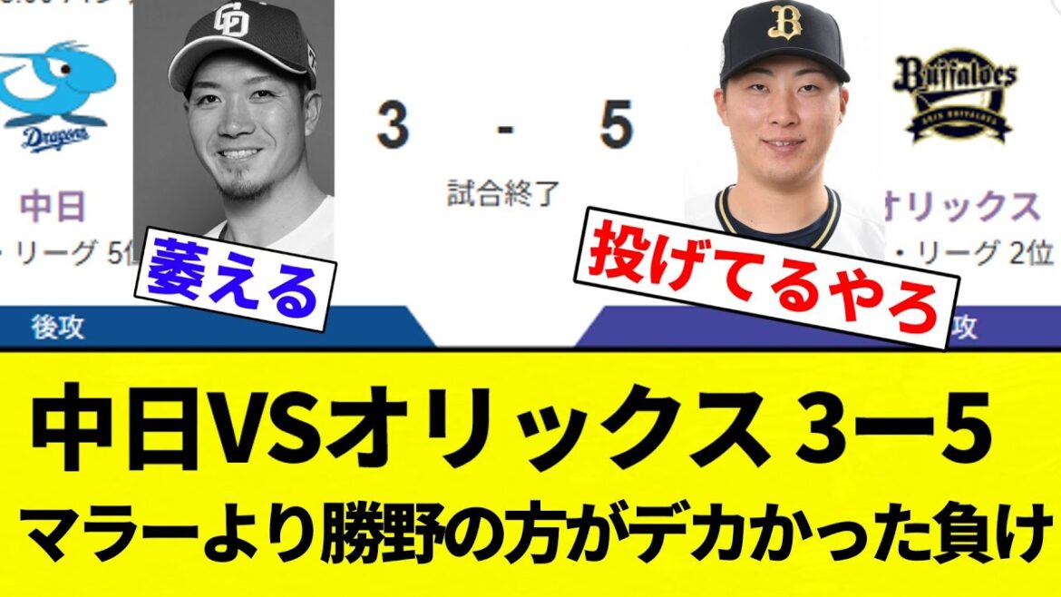 【勝野(の責任)でかすぎだろ!】中日VSオリックス 3ー5 マラーより勝野の方がデカかった負け【プロ野球反応集】【2chスレ】【なんG】 【勝野(の責任)でかすぎだろ!】中日VSオリックス 3ー5 マラーより勝野の方がデカかった負け【プロ野球反応集】【2chスレ】【なんG】