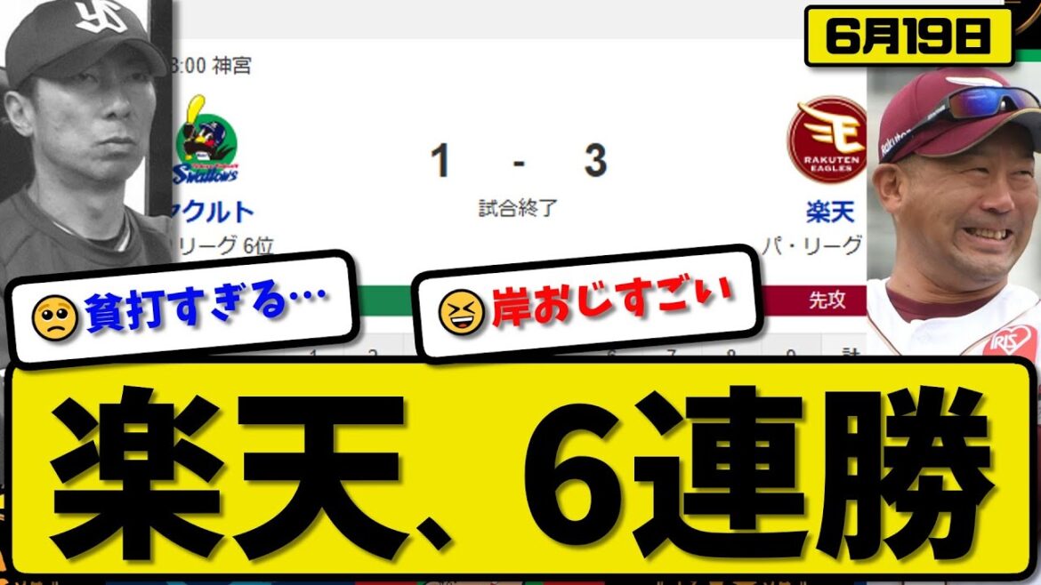 【セ6位vsパ5位】楽天イーグルスがヤクルトスワローズに3-1で勝利…6月19日6連勝…先発岸7回無失点…黒川&村林が活躍【最新・反応集・なんJ・2ch】プロ野球