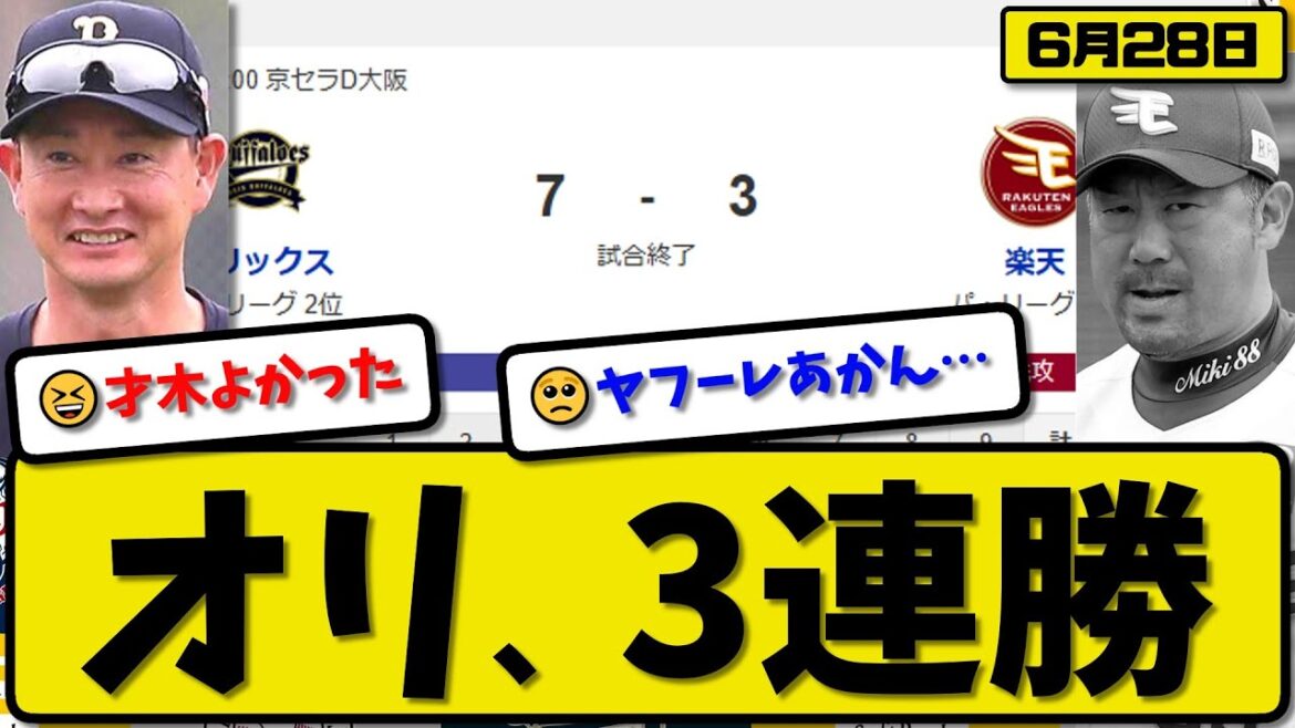 【パ2位vs5位】オリックスバファローズが楽天イーグルスに7-3で勝利…6月28日3連勝…先発田嶋4.2回3失点…若月&森&杉本&西野&中川&頓宮が活躍【最新・反応集・なんJ・2ch】プロ野球