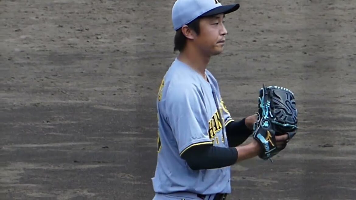 2025年6月25日 ウエスタンリーグ くふうハヤテー 阪神・島本 浩也 投手の準備投球（ボールデッド中）