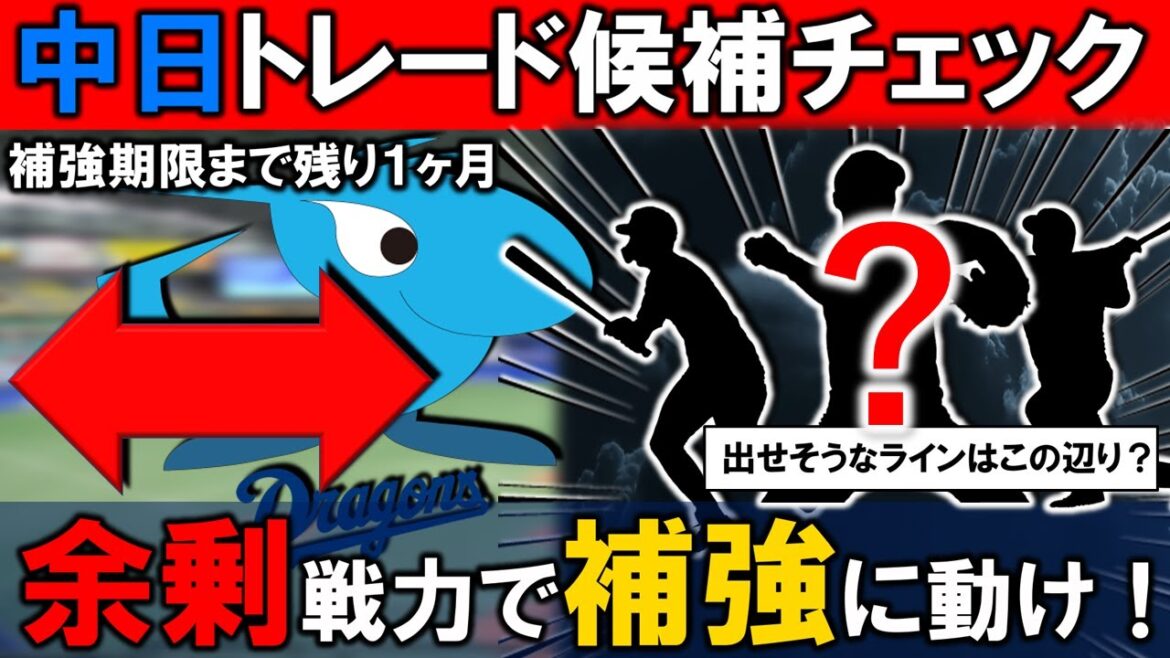 今季３度目のトレードなるか..！？【中日トレード候補チェック】あまり１軍で起用の無い、余剰戦力で残り１ヶ月の補強に動け！！１１球団が注目するドラゴンズが出せそうなラインはこの辺りに！？