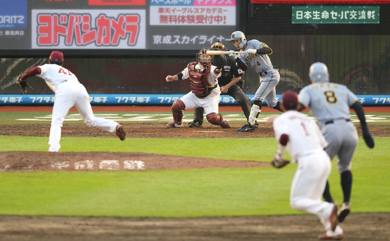 楽天対阪神 9回表阪神無死一、二塁、送りバントを決める熊谷。投手加治屋(2025年6月14日撮影)