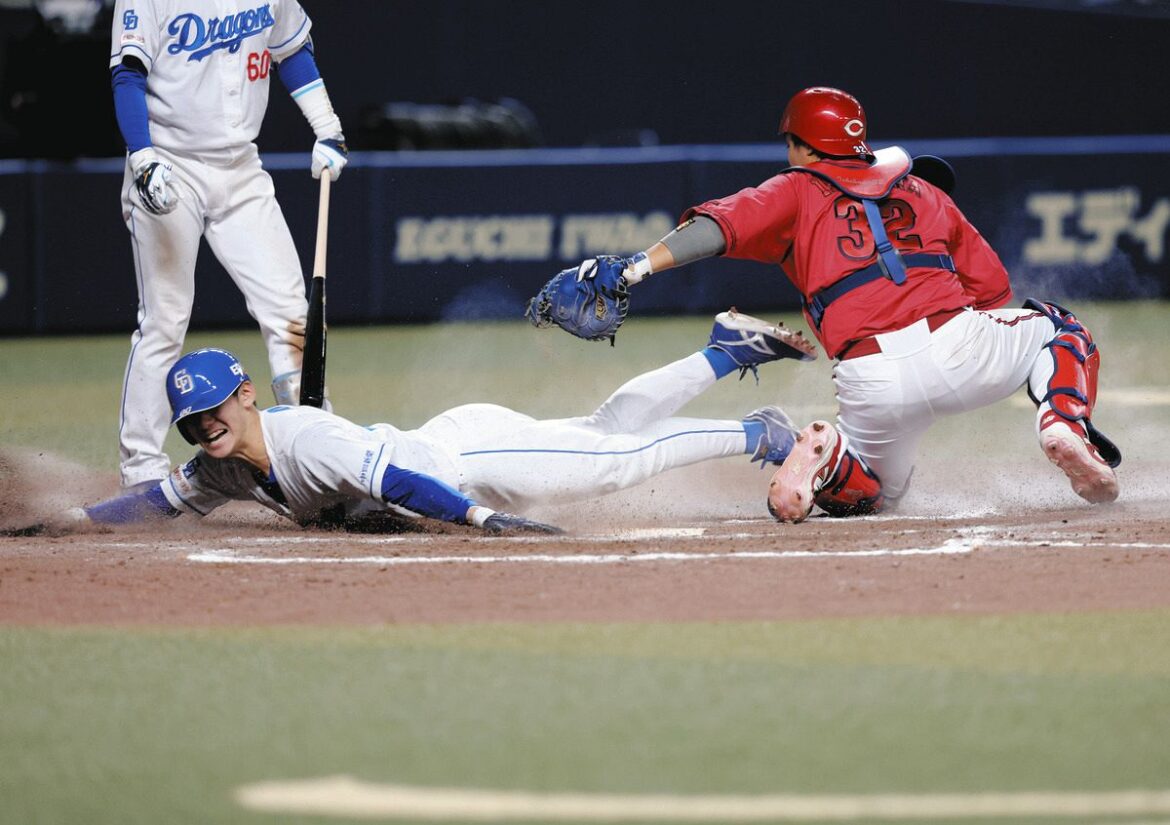 ９回裏２死一、三塁、打者山本のとき、本盗狙うもタッチアウトとなる三走尾田。捕手石原