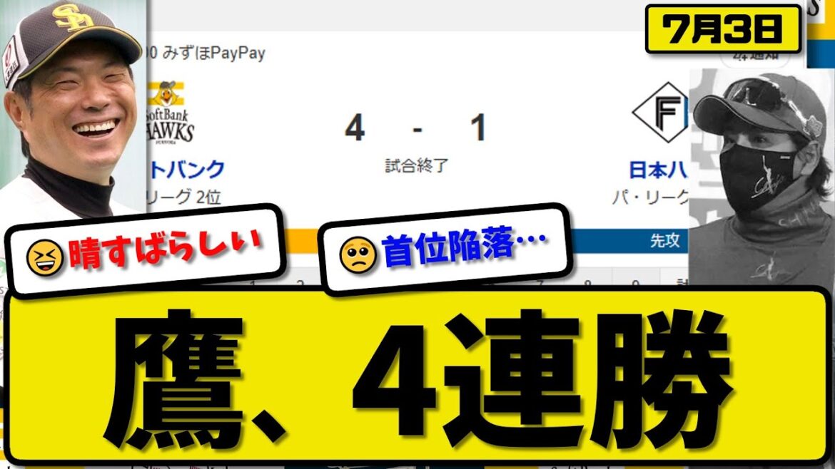 【パ1位vs3位】ソフトバンクホークスが日本ハムファイターズに4-1で勝利…7月3日4連勝…先発松本7回1失点…山川&海野が活躍【最新・反応集・なんJ・2ch】プロ野球