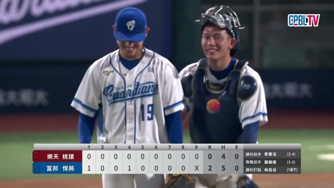06/25 樂天 VS 富邦 九局上，富邦換上投手張奕投出兩次奪三振的三上三下，順利收下今日的勝利完封樂天!