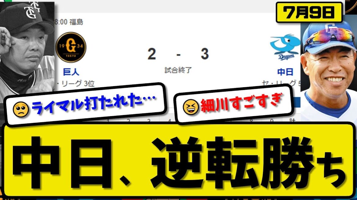 【セ3位vs5位】中日ドラゴンズが読売ジャイアンツに3-2で勝利…7月9日逆転勝ち…先発髙橋5回1失点…細川が決勝逆転3ランホームランの活躍【最新・反応集・なんJ・2ch】プロ野球 【セ3位vs5位】中日ドラゴンズが読売ジャイアンツに3-2で勝利…7月9日逆転勝ち…先発髙橋5回1失点…細川が決勝逆転3ランホームランの活躍【最新・反応集・なんJ・2ch】プロ野球
