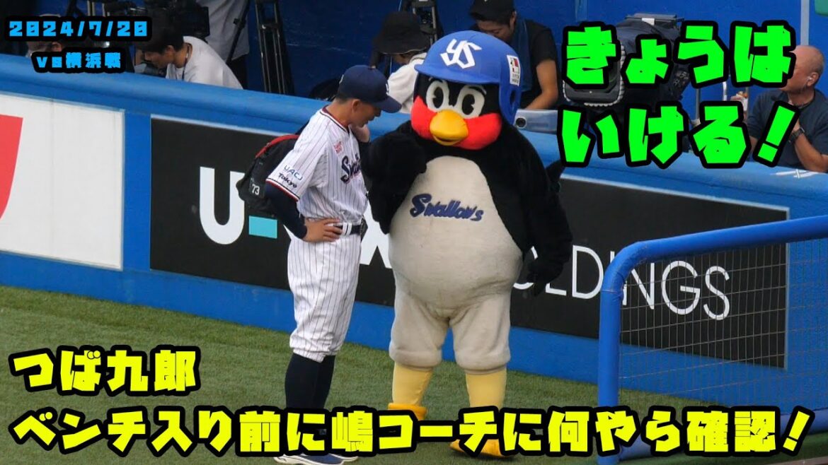 つば九郎 ベンチ入り前に嶋コーチになにやら確認! 2024/7/20 vs横浜 つば九郎 ベンチ入り前に嶋コーチになにやら確認! 2024/7/20 vs横浜